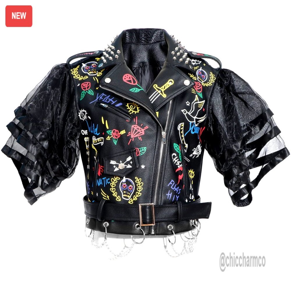 Faux Leather Punk Biker Moto Jacket Studded Rivet Graffiti Long Sleeve Coat